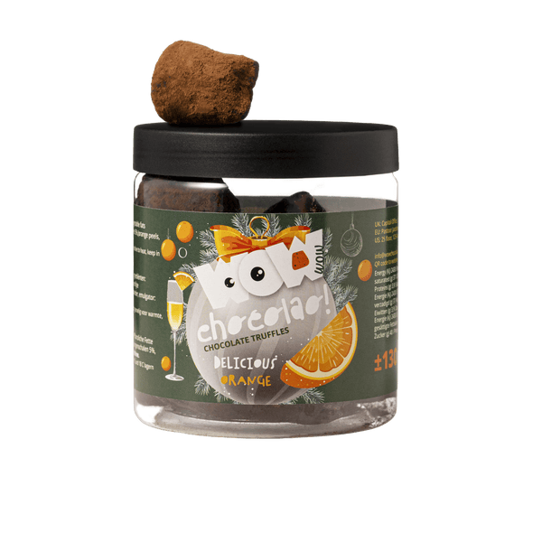 Frasco de Presente com Trufas de Natal de Laranja Confit 130g | Chocolate Festivo de Laranja