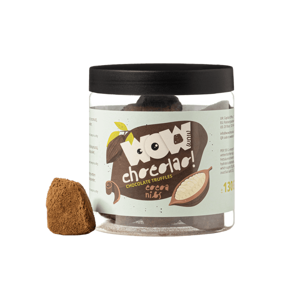 Frasco-presente de Trufas de Chocolate com Pepitas de Cacau 130g | Chocolate Crocante de Cacau