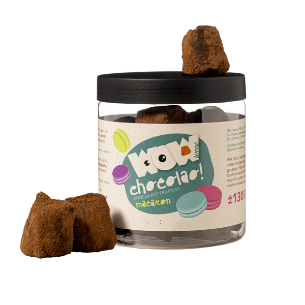 Frasco-presente de trufas de chocolate com macarons 130g | Chocolate inspirado na tradição francesa